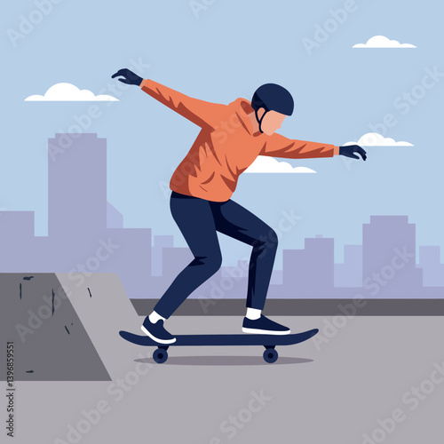 A skateboarder performing tricks on a ramp in a vibrant urban setting, showcasing a flat design style, dynamic movement, and energetic atmosphere in vector art