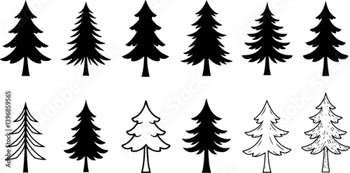 OutlineFilledVectorSign ofvs - 3 fir tree vector icon . forest silhouette sign . isolated transparent . outline and filled version . 