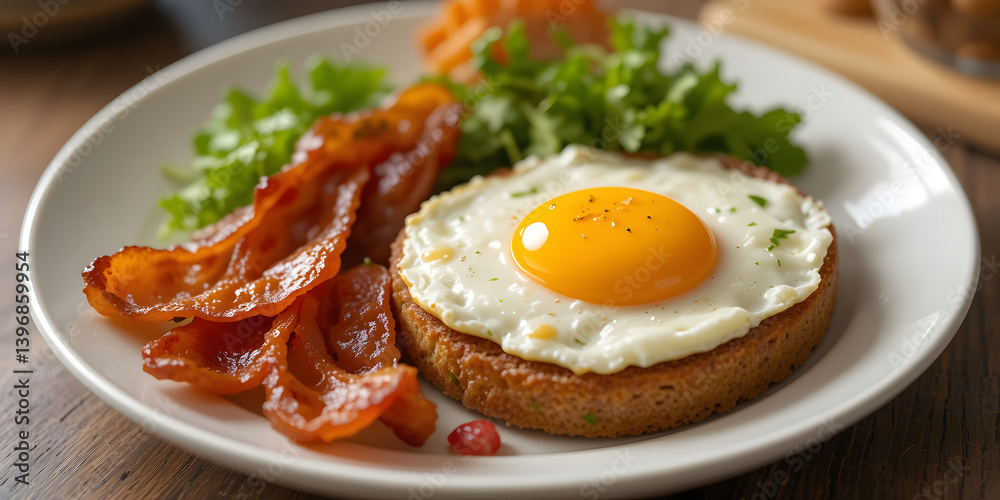 Delicious Breakfast Plate Featuring Fried Egg, Crispy Bacon, and Fresh Greens Served on a Wooden Table Delicious Breakfast Plate Featuring Fried Egg, Crispy Bacon, and Fresh Greens Served on a Wooden Table