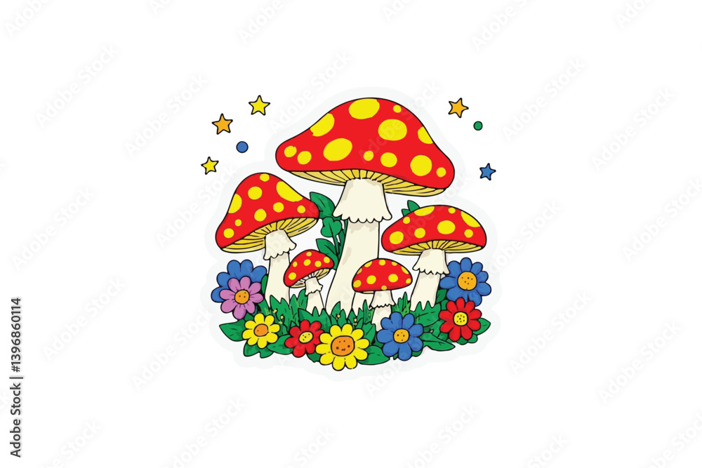 Enchanted Fungi Bloom, A Whimsical Gathering of Red Dotted Mushrooms Amidst Colorful Flowers and Sparkling Stars on a Pure White Canvas. Enchanted Fungi Bloom, A Whimsical Gathering of Red Dotted Mushrooms Amidst Colorful Flowers and Sparkling Stars on a Pure White Canvas.