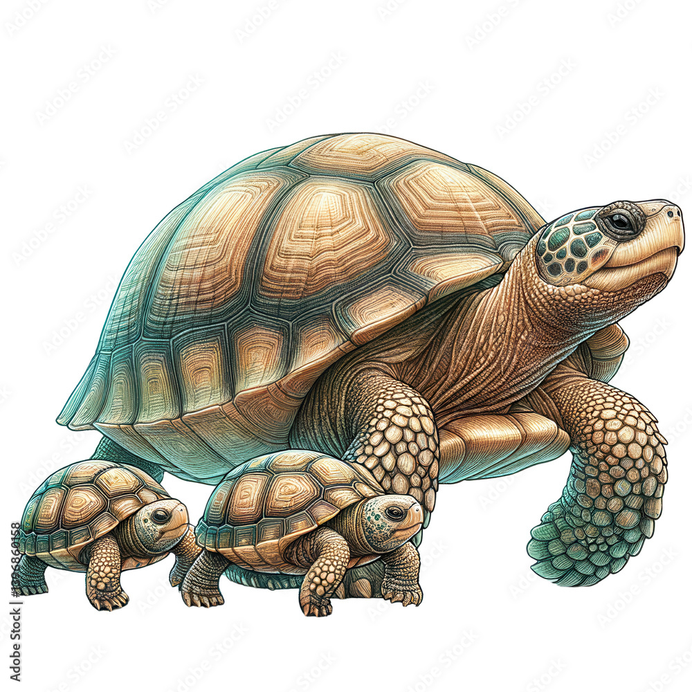 Obraz premium A mother turtle leading her babies, Mother's Day Clipart, Mother and Child Graphics, Mother's Day Art, Mother's Gift Graphics, Mother's Day Nature and Animals Graphics