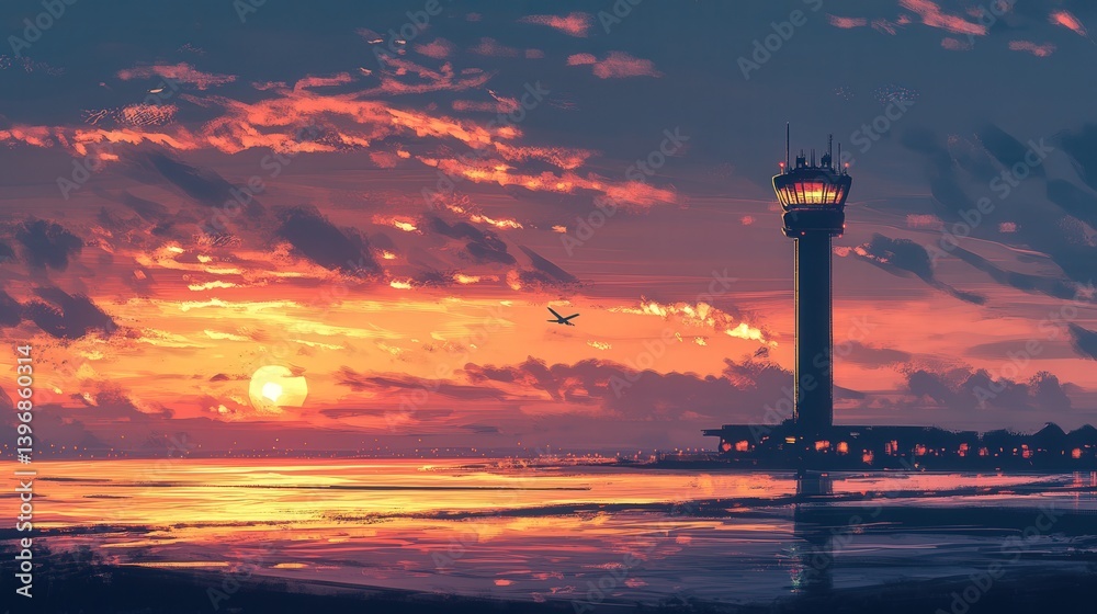 Obraz premium glowing sunrise paints the sky with soft hues, highlighting the silhouette of the airport control tower standing tall and majestic against the backdrop of the dawn.