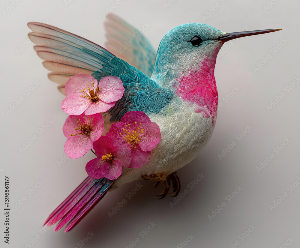Naklejka premium A pink ocean-blue white colored porcelain hummingbird