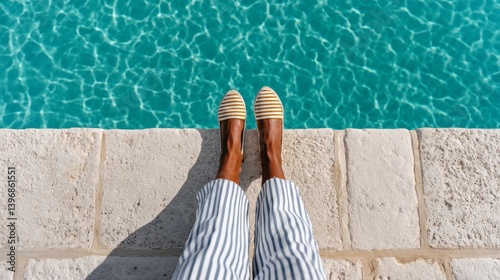 Woman is standing on a ledge by a pool wearing a pair of sandals