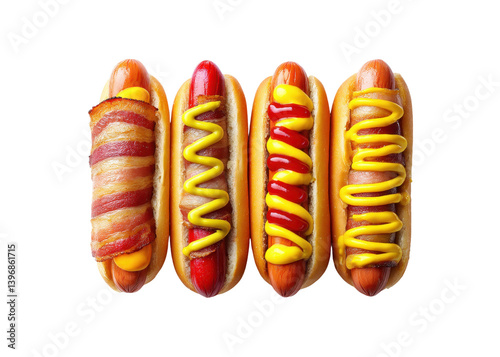Four hot dogs with different toppings, bacon, mustard, and ketchup. Fast food concept.