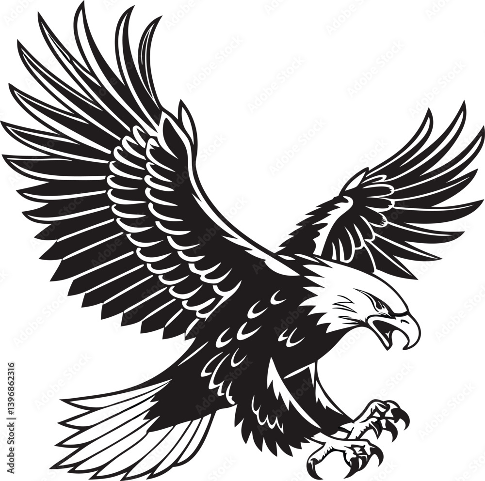 Obraz premium Vector Black Eagle Silhouette – Aggressive Bald Eagle with Spread Wings and Claws Extended for Tattoo, Logo, or Mascot Design