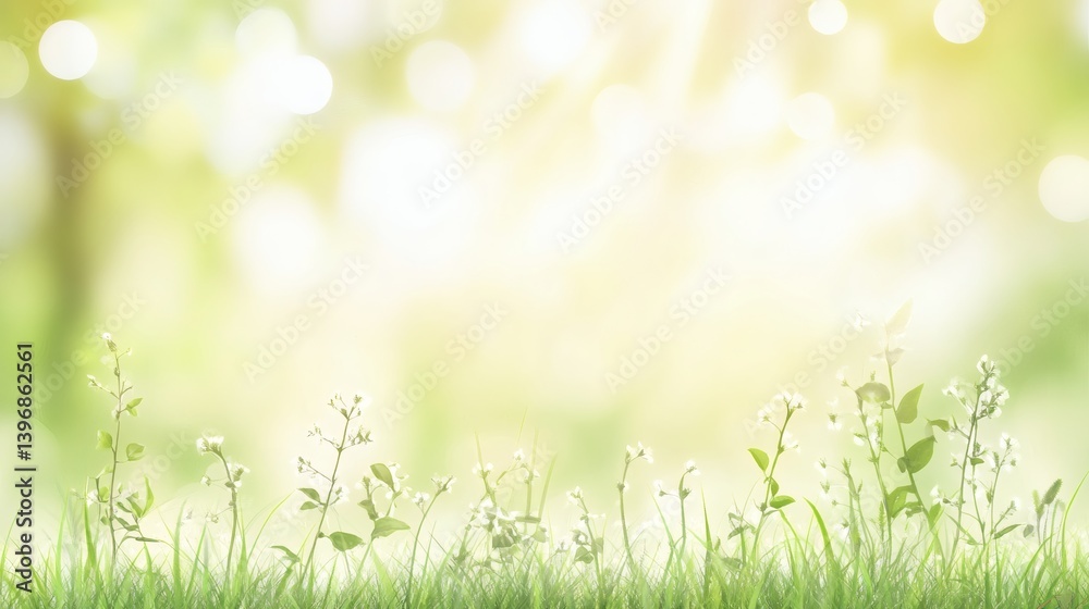 Fototapeta premium Delicate wildflowers and vibrant greenery in a soft spring landscape.