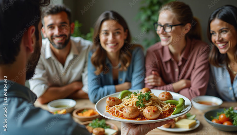 Group of friends enjoying a meal together, with one person presenting a delicious dish
Group of friends enjoying a meal together, with one person presenting a delicious dish