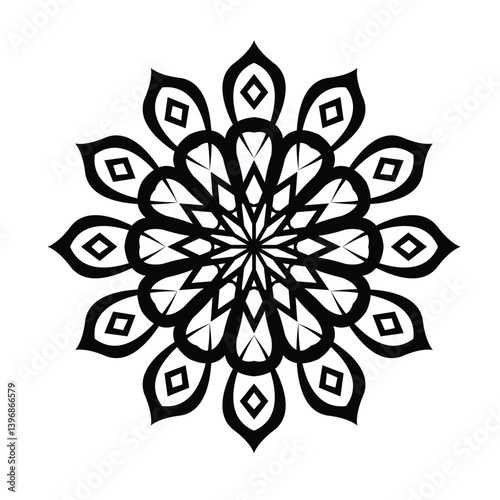 Intricate Black Mandala Design With Detailed Geometric Petals on White Background