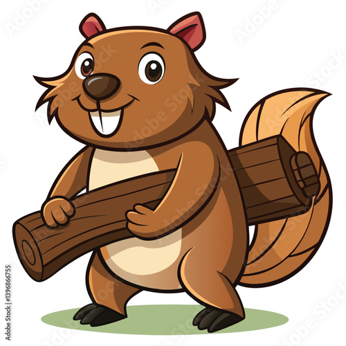 Cute cartoon beaver holding wooden log