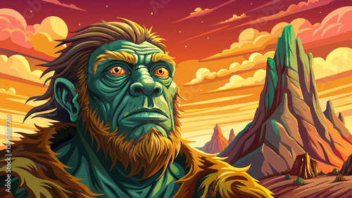 caveman portrait on rocky desert under a strange colored sky, amazing banner