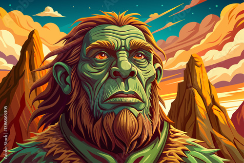 caveman portrait on rocky desert under a strange colored sky, amazing banner