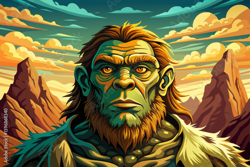 caveman portrait on rocky desert under a strange colored sky, amazing banner