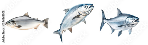 Set of Raw salmon fish with detailed fins and scales, isolated on white transparent background, concept of marine life.