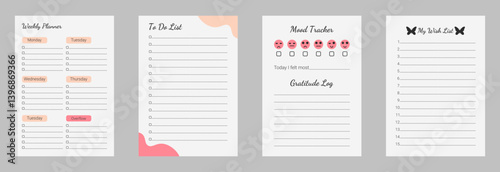 Printable A4 planner set with mood tracker, to do and wish list. Scalable graphics for printing. Blank page template
