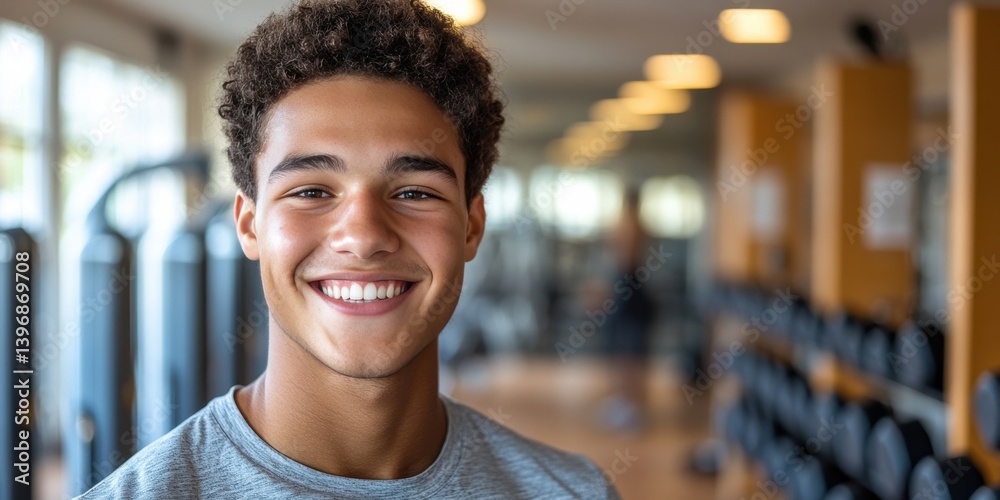 A young man is smiling in a gym