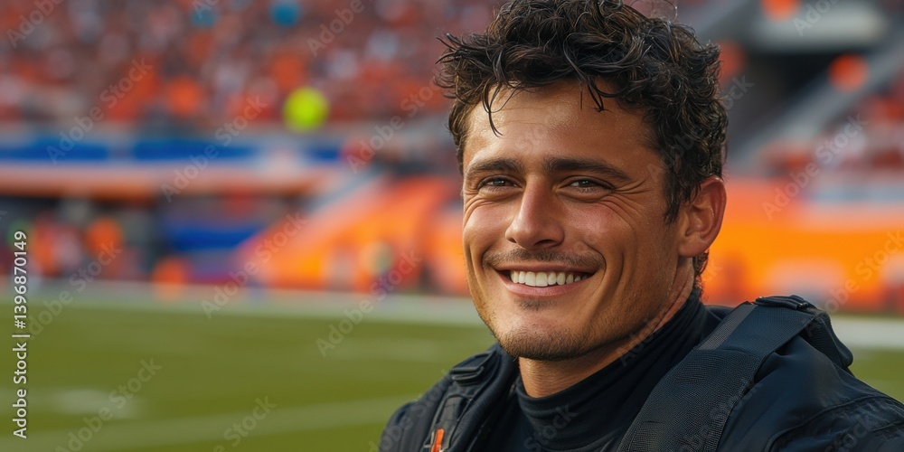A man with a beard and a smile is sitting on a field