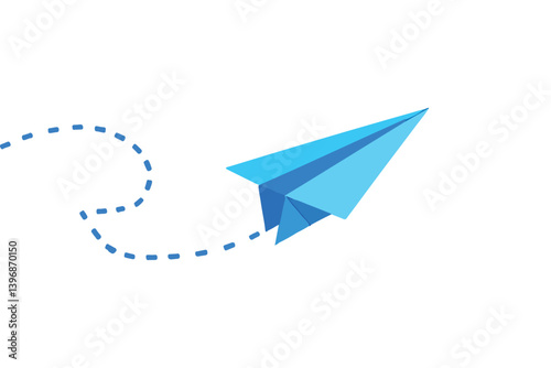 Soaring blue paper airplane, leaving a dotted trail, embodies playful flight and simple design, a vibrant vector illustration perfect for minimalist concepts.