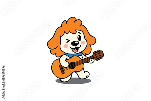 Winking dog musician, strumming a guitar with cheerful flair, embodies playful canine melody, a vibrant vector illustration perfect for lighthearted designs.