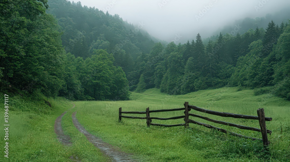 Lush Green Meadow with Wooden Fence Winding Path and Misty Hills Creating a Serene Landscape Under Soft Daylight Lush Green Meadow with Wooden Fence Winding Path and Misty Hills Creating a Serene Landscape Under Soft Daylight