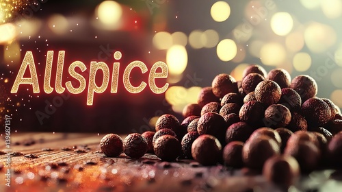 A close-up of allspice berries with a soft, glimmering background, evoking warmth and richness.