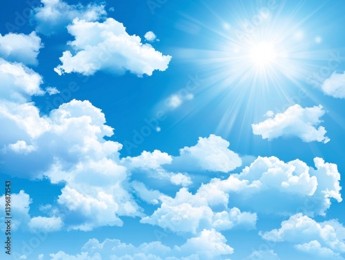 Bright sunny sky with fluffy clouds outdoor natural scene vibrant atmosphere high angle view