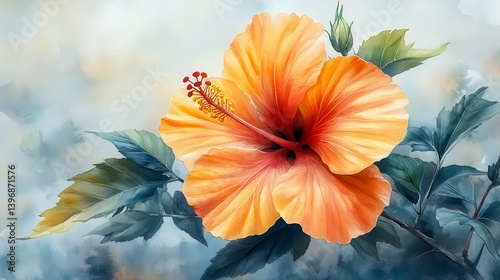 Orange hibiscus blossom with detailed petals and leaves on blurred background