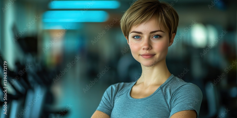 A woman is posing for a picture in a gym
