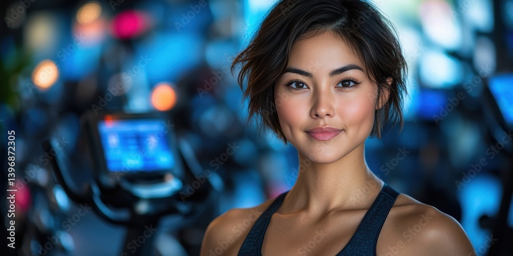 A woman is smiling and standing in front of a stationary bike