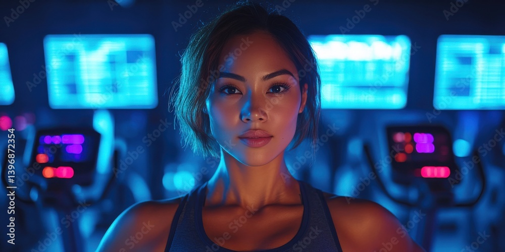 A woman is standing in front of a row of treadmills
