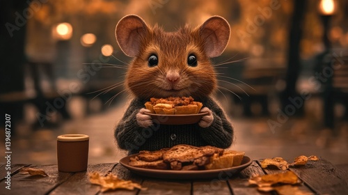 Cute mouse enjoying a meal outdoors