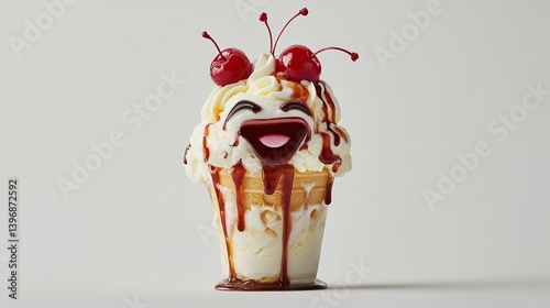 Happy ice cream cone with cherries and chocolate sauce. photo
