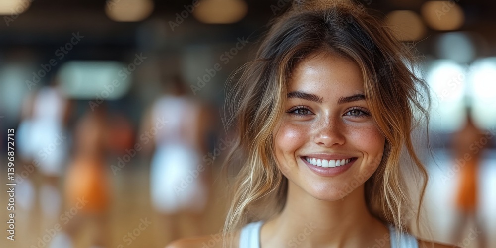 A woman with a smile on her face is standing in a gym