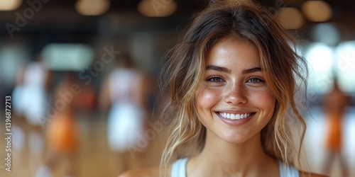 Obraz na płótnie A woman with a smile on her face is standing in a gym w salonie