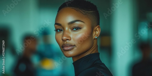 A woman with a shaved head and a black shirt