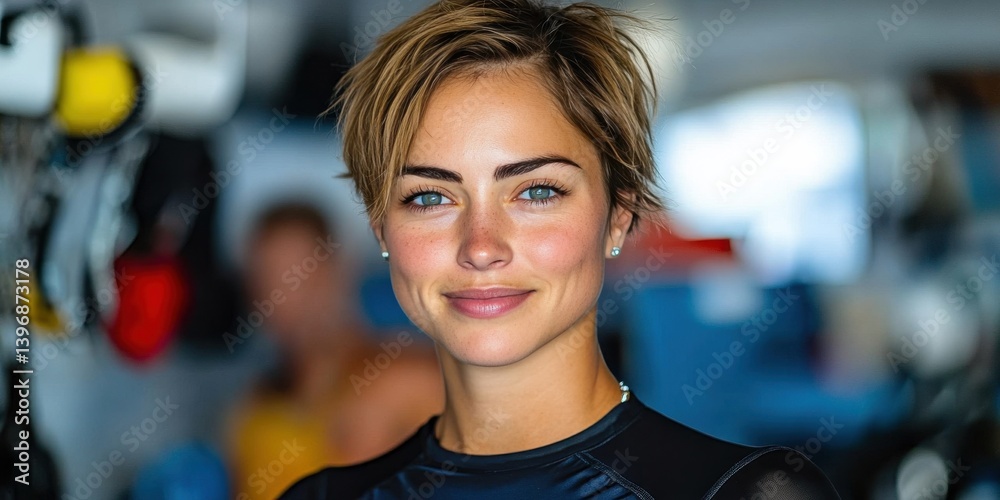 A woman with short brown hair and blue eyes is smiling