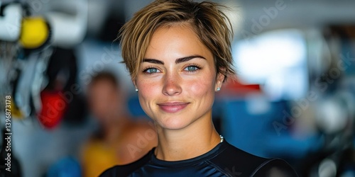 Obraz na płótnie A woman with short brown hair and blue eyes is smiling w salonie