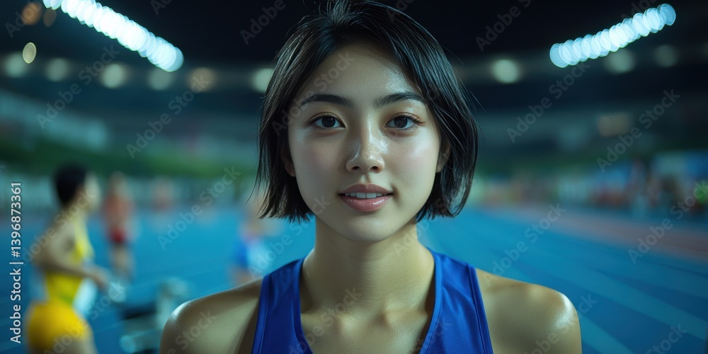 A woman with short hair and a blue tank top is smiling at the camera