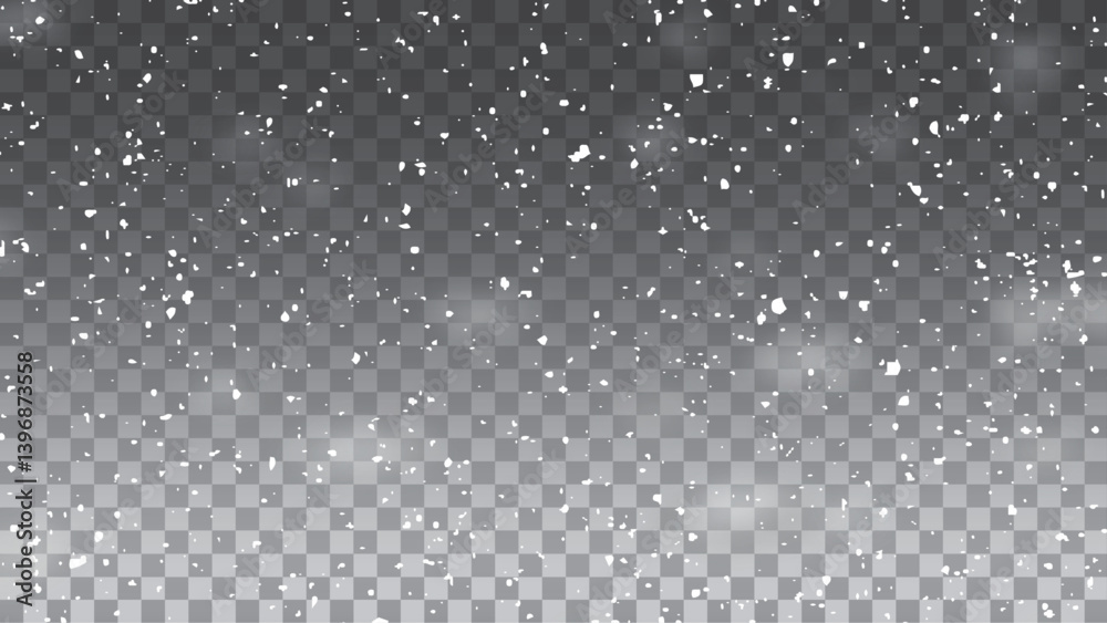 Vector illustration of flying snow on a transparent background. Natural phenomenon of snowfall or blizzard.