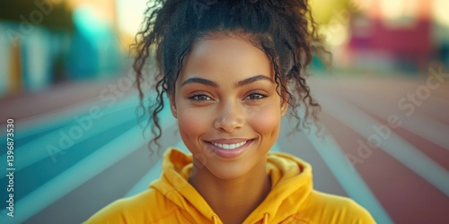 A woman with curly hair is smiling and wearing a yellow hoodie