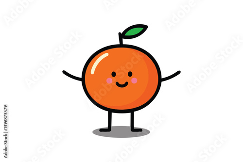 Cheerful orange character, radiating sunny delight, stands with open arms, a simple vector illustration embodying fresh, fruity joy.