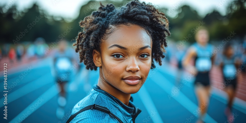 A woman with a short haired black head is standing on a track