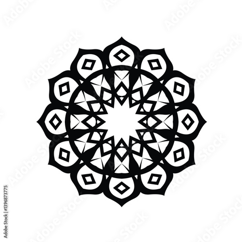 Intricate Black Mandala Design with Geometric Patterns on White Background