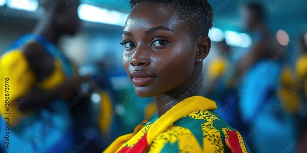 A woman with a green and yellow outfit is standing in front of a group of people