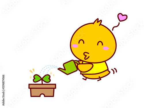 植木鉢に水やりをするひよこ