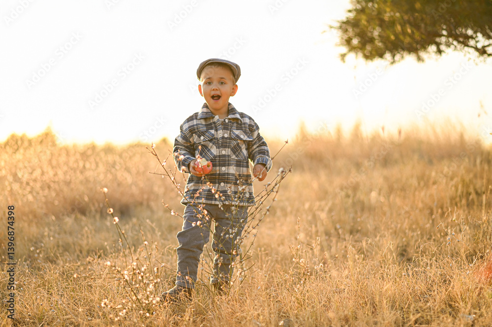 Little boy walking through a golden field at sunset, eating an apple. Simple, peaceful childhood moment in nature, capturing the essence of innocence and rural life. Little boy walking through a golden field at sunset, eating an apple. Simple, peaceful childhood moment in nature, capturing the essence of innocence and rural life.