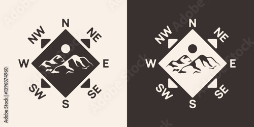 Vintage compass illustration featuring a striking mountain silhouette with bold directional marks and a clean geometric layout.