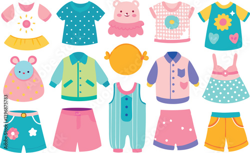 Colorful baby clothes vector artwork illustration set 