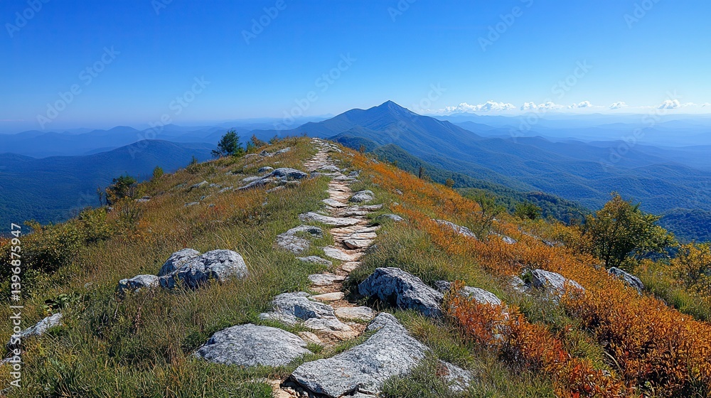 Mountain trail leading to peak, autumn colors, blue sky Mountain trail leading to peak, autumn colors, blue sky