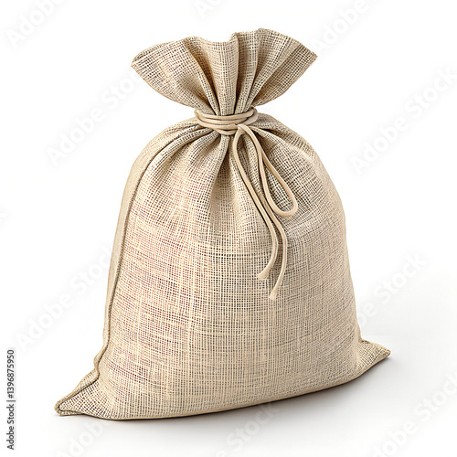 Brown burlap sack with bow isolated on white fabric background